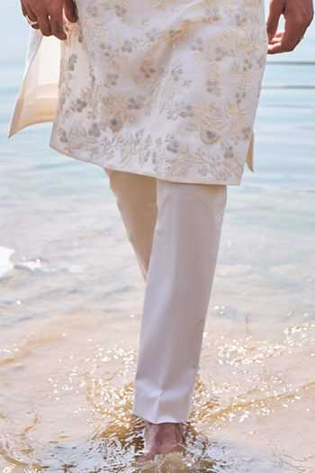 Anushree Reddy_Ivory Chanderi, Cotton, Lycra French Knot Floral Kurta Set _Online_at_Aza_Fashions