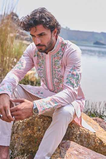 Buy_Anushree Reddy_Pink Silk, Cotton, Lycra Voilet Creeper Multi Thread Kurta Set _Online_at_Aza_Fashions