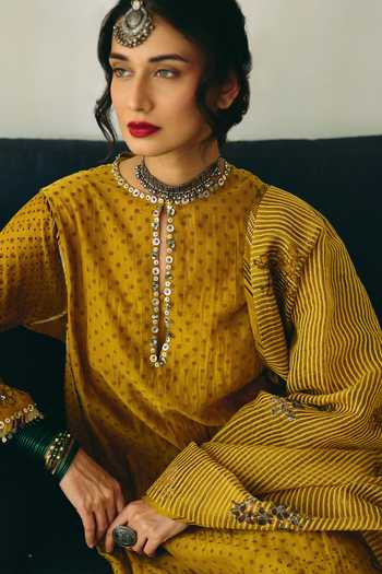 Buy_Swatti Kapoor_Yellow Silk, Cotton, Chanderi Kuhu Block Print Kurta Pant Set 