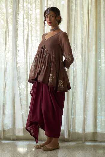 Shop Swatti Kapoor Brown Chanderi V-neck Hiral Block Print Top And Rupa Draped Skirt Set Online at Aza Fashions Shop_Swatti Kapoor_Brown Chanderi V-neck Hiral Block Print Top And Rupa Draped Skirt Set _Online_at_Aza_Fashions