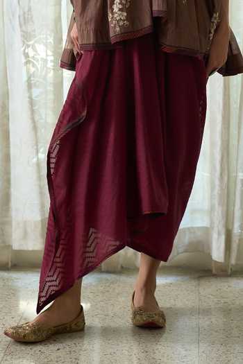 Swatti Kapoor Brown Chanderi, Cotton Tassels, Hiral Block Print Top And Rupa Draped Skirt Set Online at Aza Fashions Swatti Kapoor_Brown Chanderi, Cotton Tassels, Hiral Block Print Top And Rupa Draped Skirt Set _Online_at_Aza_Fashions
