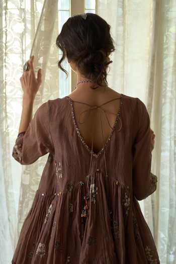 Shop Swatti Kapoor Brown Chanderi, Cotton Tassels, Hiral Block Print Top And Rupa Draped Skirt Set Online at Aza Fashions Shop_Swatti Kapoor_Brown Chanderi, Cotton Tassels, Hiral Block Print Top And Rupa Draped Skirt Set _Online_at_Aza_Fashions