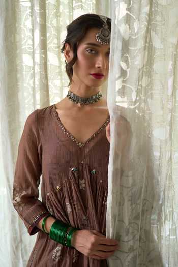 Buy Swatti Kapoor Brown Chanderi, Cotton Tassels, Hiral Block Print Top And Rupa Draped Skirt Set Buy_Swatti Kapoor_Brown Chanderi, Cotton Tassels, Hiral Block Print Top And Rupa Draped Skirt Set