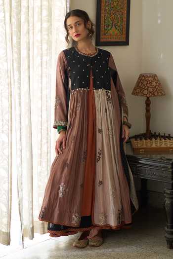 Shop_Swatti Kapoor_Orange Chanderi, Cotton, Silk Organza Aria Hand Block Print Anarkali Set _Online_at_Aza_Fashions