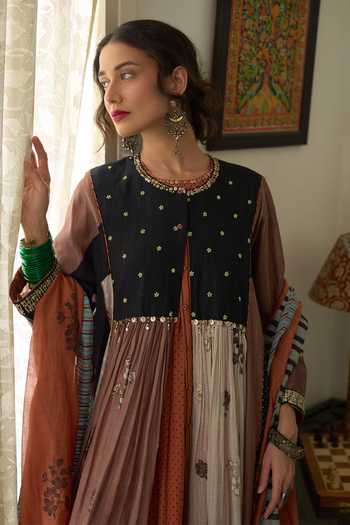 Swatti Kapoor_Orange Chanderi, Cotton, Silk Organza Aria Hand Block Print Anarkali Set _at_Aza_Fashions