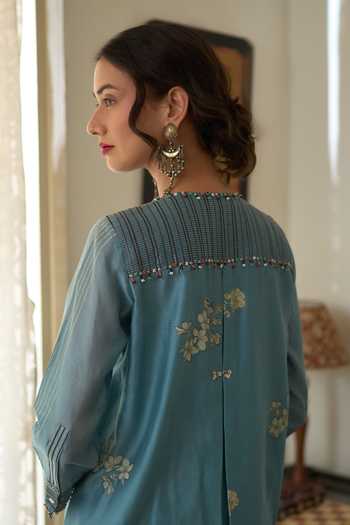 Buy Swatti Kapoor Blue Chanderi, Cotton Round Neck, Chitra Hand Block Print Kurta With Pami Pant Online at Aza Fashions Buy_Swatti Kapoor_Blue Chanderi, Cotton Round Neck, Chitra Hand Block Print Kurta With Pami Pant _Online_at_Aza_Fashions
