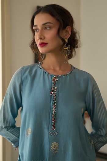 Swatti Kapoor Blue Chanderi, Cotton Round Neck Chitra Hand Block Print Kurta Set Online at Aza Fashions Swatti Kapoor_Blue Chanderi, Cotton Round Neck Chitra Hand Block Print Kurta Set _Online_at_Aza_Fashions