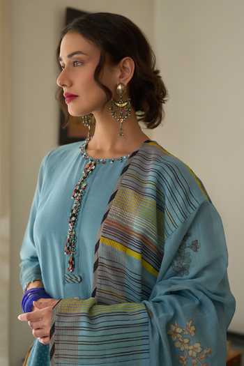 Shop Swatti Kapoor Blue Chanderi, Cotton Round Neck Chitra Hand Block Print Kurta Set Online at Aza Fashions Shop_Swatti Kapoor_Blue Chanderi, Cotton Round Neck Chitra Hand Block Print Kurta Set _Online_at_Aza_Fashions