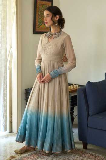 Buy Swatti Kapoor Blue Silk, Cotton V-neck Jini Ombre Anarkali Set With Vira Gilet Online at Aza Fashions Buy_Swatti Kapoor_Blue Silk, Cotton V-neck Jini Ombre Anarkali Set With Vira Gilet _Online_at_Aza_Fashions