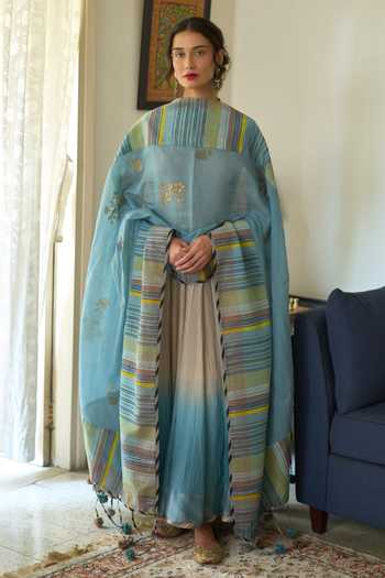 Shop Swatti Kapoor Blue Silk, Cotton V-neck Jini Ombre Anarkali Set With Vira Gilet Online at Aza Fashions Shop_Swatti Kapoor_Blue Silk, Cotton V-neck Jini Ombre Anarkali Set With Vira Gilet _Online_at_Aza_Fashions