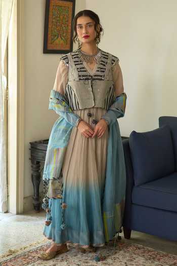 Swatti Kapoor Blue Silk, Cotton V-neck Jini Ombre Anarkali Set With Vira Gilet at Aza Fashions Swatti Kapoor_Blue Silk, Cotton V-neck Jini Ombre Anarkali Set With Vira Gilet _at_Aza_Fashions