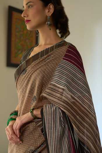 Buy Swatti Kapoor Brown Chanderi V-neck Malti Block Print Saree With Naina Blouse Online at Aza Fashions Buy_Swatti Kapoor_Brown Chanderi V-neck Malti Block Print Saree With Naina Blouse _Online_at_Aza_Fashions