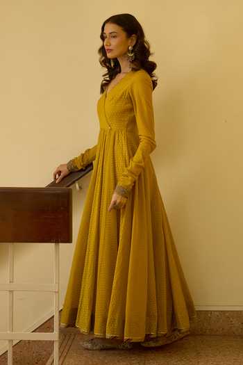 Buy Swatti Kapoor Yellow V-neck Sital Handwoven Anarkali With Leher Churidar Online at Aza Fashions Buy_Swatti Kapoor_Yellow V-neck Sital Handwoven Anarkali With Leher Churidar _Online_at_Aza_Fashions
