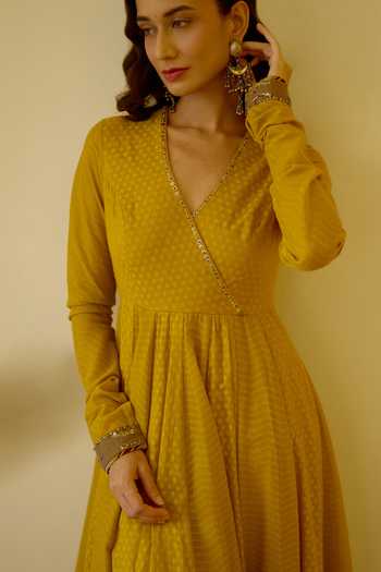Swatti Kapoor Yellow Cotton, Chanderi V-neck, Sital Handwoven Anarkali Set With Alka Gilet Online at Aza Fashions Swatti Kapoor_Yellow Cotton, Chanderi V-neck, Sital Handwoven Anarkali Set With Alka Gilet _Online_at_Aza_Fashions