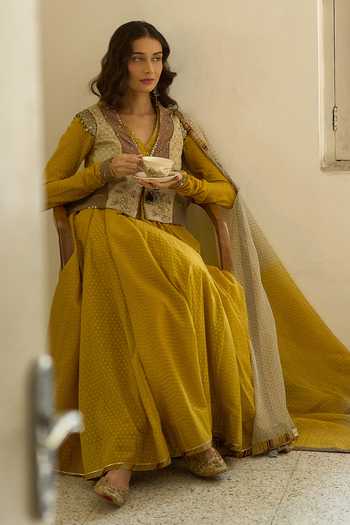 Swatti Kapoor Yellow Cotton, Chanderi V-neck, Sital Handwoven Anarkali Set With Alka Gilet at Aza Fashions Swatti Kapoor_Yellow Cotton, Chanderi V-neck, Sital Handwoven Anarkali Set With Alka Gilet _at_Aza_Fashions