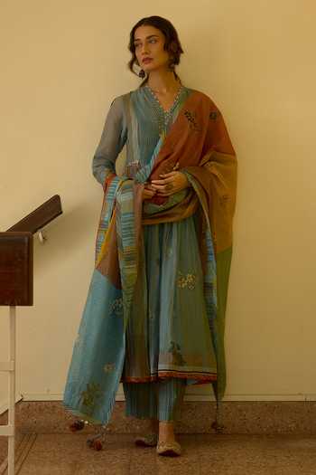 Shop Swatti Kapoor Blue Chanderi, Cotton V-neck Chhaya Pintucked Anarkali And Pami Pant Set Online at Aza Fashions Shop_Swatti Kapoor_Blue Chanderi, Cotton V-neck Chhaya Pintucked Anarkali And Pami Pant Set _Online_at_Aza_Fashions