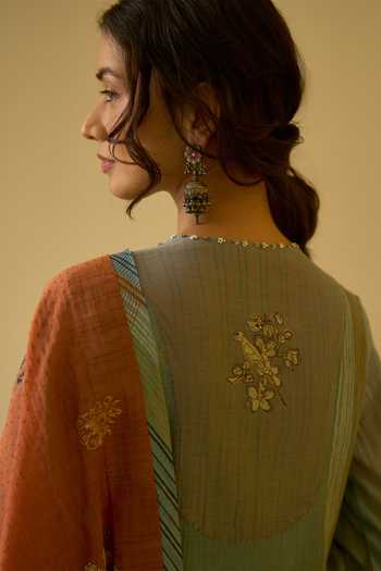 Swatti Kapoor Blue Chanderi, Cotton V-neck Chhaya Pintucked Anarkali And Pami Pant Set at Aza Fashions Swatti Kapoor_Blue Chanderi, Cotton V-neck Chhaya Pintucked Anarkali And Pami Pant Set _at_Aza_Fashions