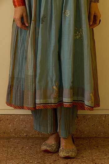 Swatti Kapoor Blue Chanderi, Cotton V-neck Chhaya Pintucked Anarkali Pant Set Online at Aza Fashions Swatti Kapoor_Blue Chanderi, Cotton V-neck Chhaya Pintucked Anarkali Pant Set _Online_at_Aza_Fashions