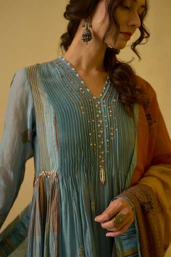 Buy Swatti Kapoor Blue Chanderi, Cotton V-neck Chhaya Pintucked Anarkali Pant Set Online at Aza Fashions Buy_Swatti Kapoor_Blue Chanderi, Cotton V-neck Chhaya Pintucked Anarkali Pant Set _Online_at_Aza_Fashions