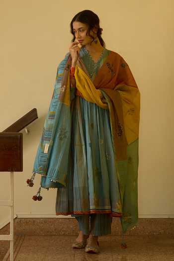 Buy Swatti Kapoor Blue Chanderi, Cotton V-neck Chhaya Pintucked Anarkali Pant Set Buy_Swatti Kapoor_Blue Chanderi, Cotton V-neck Chhaya Pintucked Anarkali Pant Set