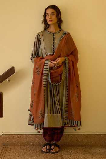 Buy Swatti Kapoor Black Silk, Cotton Round Neck Asha Striped Anarkali And Kumud Draped Pant Set Online at Aza Fashions Buy_Swatti Kapoor_Black Silk, Cotton Round Neck Asha Striped Anarkali And Kumud Draped Pant Set _Online_at_Aza_Fashions