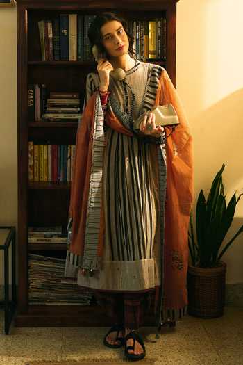 Buy Swatti Kapoor Black Silk, Cotton Round Neck Asha Striped Anarkali And Kumud Draped Pant Set Buy_Swatti Kapoor_Black Silk, Cotton Round Neck Asha Striped Anarkali And Kumud Draped Pant Set