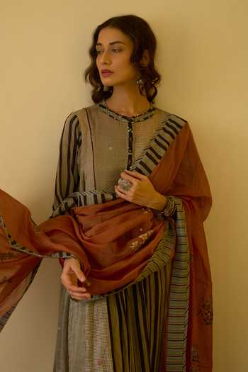 Shop_Swatti Kapoor_Black Silk, Cotton, Chanderi Round Neck, Yes Asha Handwoven Striped Anarkali Set _Online_at_Aza_Fashions