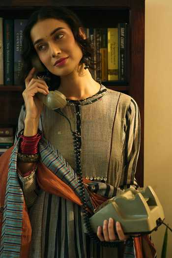 Swatti Kapoor_Black Silk, Cotton, Chanderi Round Neck, Yes Asha Handwoven Striped Anarkali Set _at_Aza_Fashions