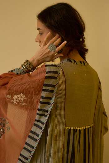 Buy_Swatti Kapoor_Black Silk, Cotton, Chanderi Round Neck, Yes Asha Handwoven Striped Anarkali Set 