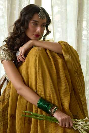 Swatti Kapoor Yellow Chanderi, Silk Organza V-neck Inder Hand Block Print Skirt Set Online at Aza Fashions Swatti Kapoor_Yellow Chanderi, Silk Organza V-neck Inder Hand Block Print Skirt Set _Online_at_Aza_Fashions