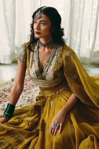 Shop Swatti Kapoor Yellow Chanderi, Silk Organza V-neck Inder Hand Block Print Skirt Set Online at Aza Fashions Shop_Swatti Kapoor_Yellow Chanderi, Silk Organza V-neck Inder Hand Block Print Skirt Set _Online_at_Aza_Fashions