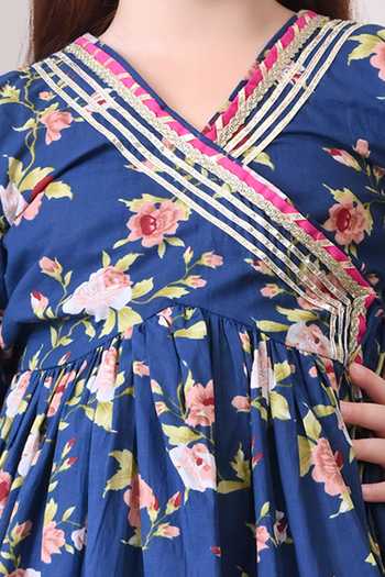 Petite Pomme Blue Cotton Floral Print Kurta And Gharara Set Online at Aza Fashions Petite Pomme_Blue Cotton Floral Print Kurta And Gharara Set _Online_at_Aza_Fashions