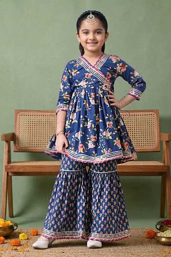 Buy Petite Pomme Blue Cotton Floral Print Kurta And Gharara Set Online at Aza Fashions Buy_Petite Pomme_Blue Cotton Floral Print Kurta And Gharara Set _Online_at_Aza_Fashions