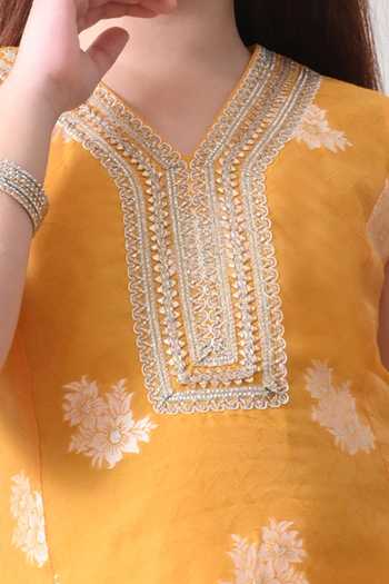 Petite Pomme Yellow Cotton Zari Woven Kurta And Pant Set Online at Aza Fashions Petite Pomme_Yellow Cotton Zari Woven Kurta And Pant Set _Online_at_Aza_Fashions
