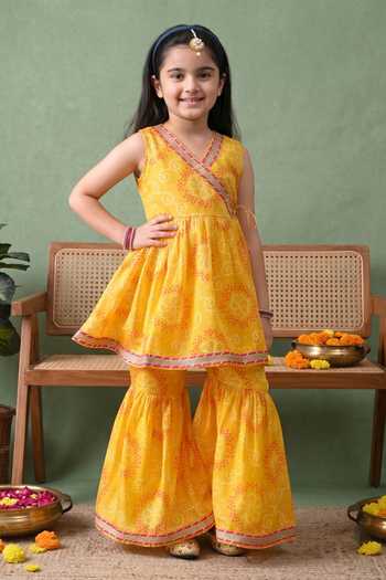 Buy_Petite Pomme_Yellow Cotton, Net, Polyester Printed Kurta Sharara Set _Online_at_Aza_Fashions