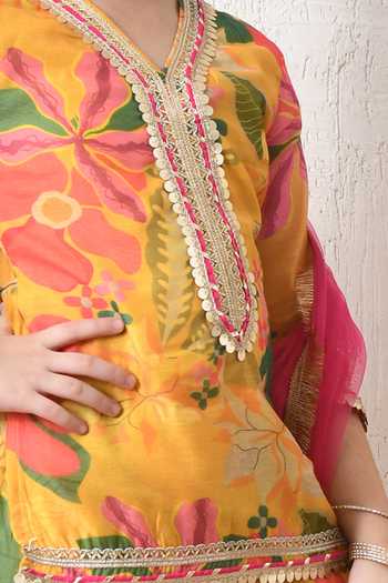 Petite Pomme Yellow Net, Rayon Floral Print Kurta Palazzo Set Online at Aza Fashions Petite Pomme_Yellow Net, Rayon Floral Print Kurta Palazzo Set _Online_at_Aza_Fashions