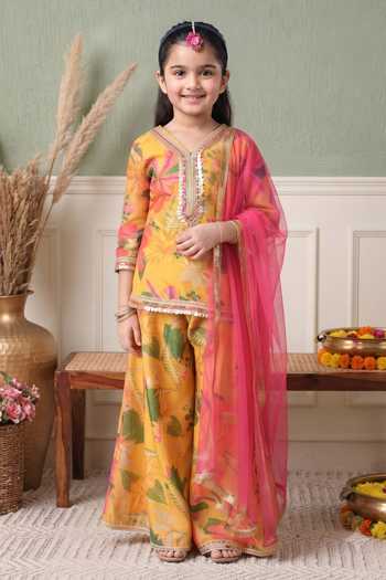 Buy Petite Pomme Yellow Net, Rayon Floral Print Kurta Palazzo Set Online at Aza Fashions Buy_Petite Pomme_Yellow Net, Rayon Floral Print Kurta Palazzo Set _Online_at_Aza_Fashions