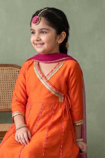 Petite Pomme_Orange Cotton, Polyester, Net Embroidered Kurta Set _Online_at_Aza_Fashions