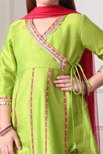 Petite Pomme_Green Cotton, Net Embroidered Kurta Set _Online_at_Aza_Fashions