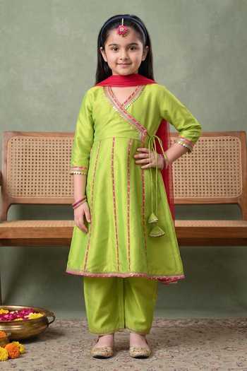 Buy_Petite Pomme_Green Cotton, Net Embroidered Kurta Set _Online_at_Aza_Fashions