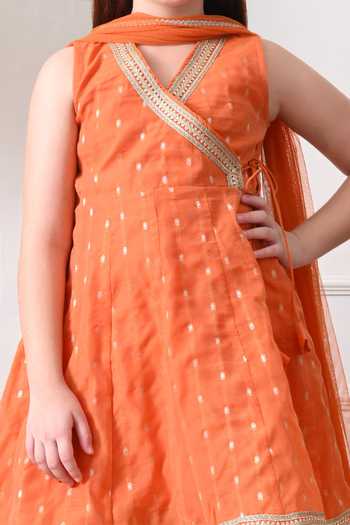 Petite Pomme_Orange Cotton, Net, Polyester Embroidered Kurta Set _Online_at_Aza_Fashions