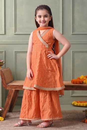 Buy_Petite Pomme_Orange Cotton, Net, Polyester Embroidered Kurta Set _Online_at_Aza_Fashions