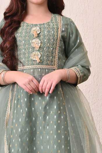 Petite Pomme Green Cotton, Net, Polyester Zari Yoke Embroidered Kurta Set Online at Aza Fashions Petite Pomme_Green Cotton, Net, Polyester Zari Yoke Embroidered Kurta Set _Online_at_Aza_Fashions