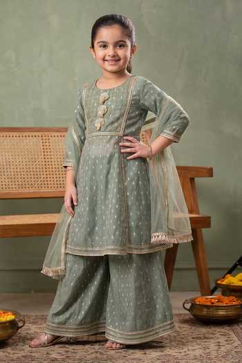 Buy Petite Pomme Green Cotton, Net, Polyester Zari Yoke Embroidered Kurta Set Online at Aza Fashions Buy_Petite Pomme_Green Cotton, Net, Polyester Zari Yoke Embroidered Kurta Set _Online_at_Aza_Fashions
