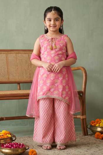 Buy Petite Pomme Pink Cotton, Net, Polyester Floral Print Kurta Set Online at Aza Fashions Buy_Petite Pomme_Pink Cotton, Net, Polyester Floral Print Kurta Set _Online_at_Aza_Fashions