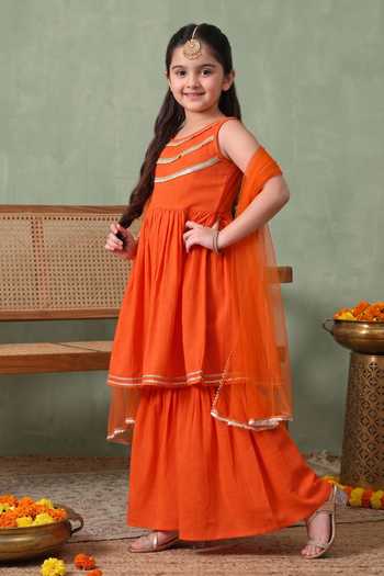Buy Petite Pomme Orange Cotton, Polyester, Net Layered Embroidered Kurta Set Online at Aza Fashions Buy_Petite Pomme_Orange Cotton, Polyester, Net Layered Embroidered Kurta Set _Online_at_Aza_Fashions