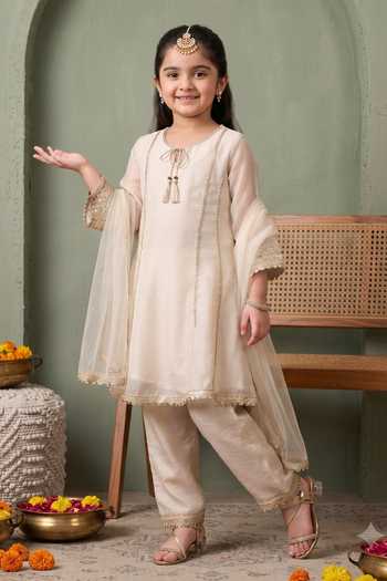 Buy_Petite Pomme_Cream Cotton, Polyester, Net Lace Work Kurta Set _Online_at_Aza_Fashions