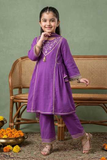 Petite Pomme Purple Cotton, Net, Polyester Yoke Embroidered Kurta Set Online at Aza Fashions Petite Pomme_Purple Cotton, Net, Polyester Yoke Embroidered Kurta Set _Online_at_Aza_Fashions
