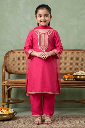 Petite Pomme Pink Cotton, Net, Polyester Mirror Yoke Embroidered Kurta Set Online at Aza Fashions Petite Pomme_Pink Cotton, Net, Polyester Mirror Yoke Embroidered Kurta Set _Online_at_Aza_Fashions