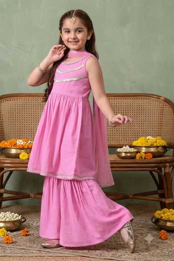 Buy Petite Pomme Pink Cotton, Polyester, Net Gathered Kurta Set Online at Aza Fashions Buy_Petite Pomme_Pink Cotton, Polyester, Net Gathered Kurta Set _Online_at_Aza_Fashions